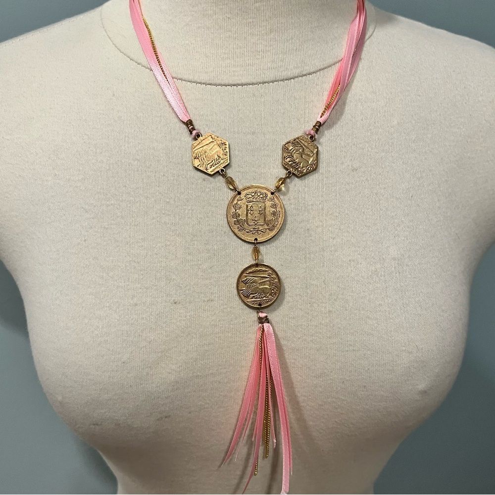 Anthropologie Antique Coin Chain & Ribbon Tassel Necklace